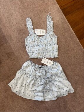 Zara Light Blue Floral Ruffle Skirt Set